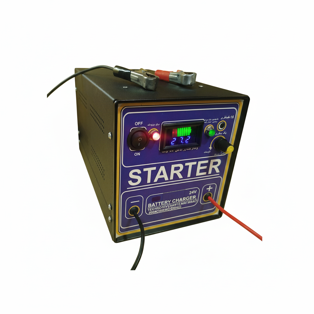 استارتر و شارژر باتری 24 ولت ۴۰ آمپر مناسب باطری ۱۰۰ تا 800 آمپر 16 باطری همزمان کمک استارت سواری و دیزل