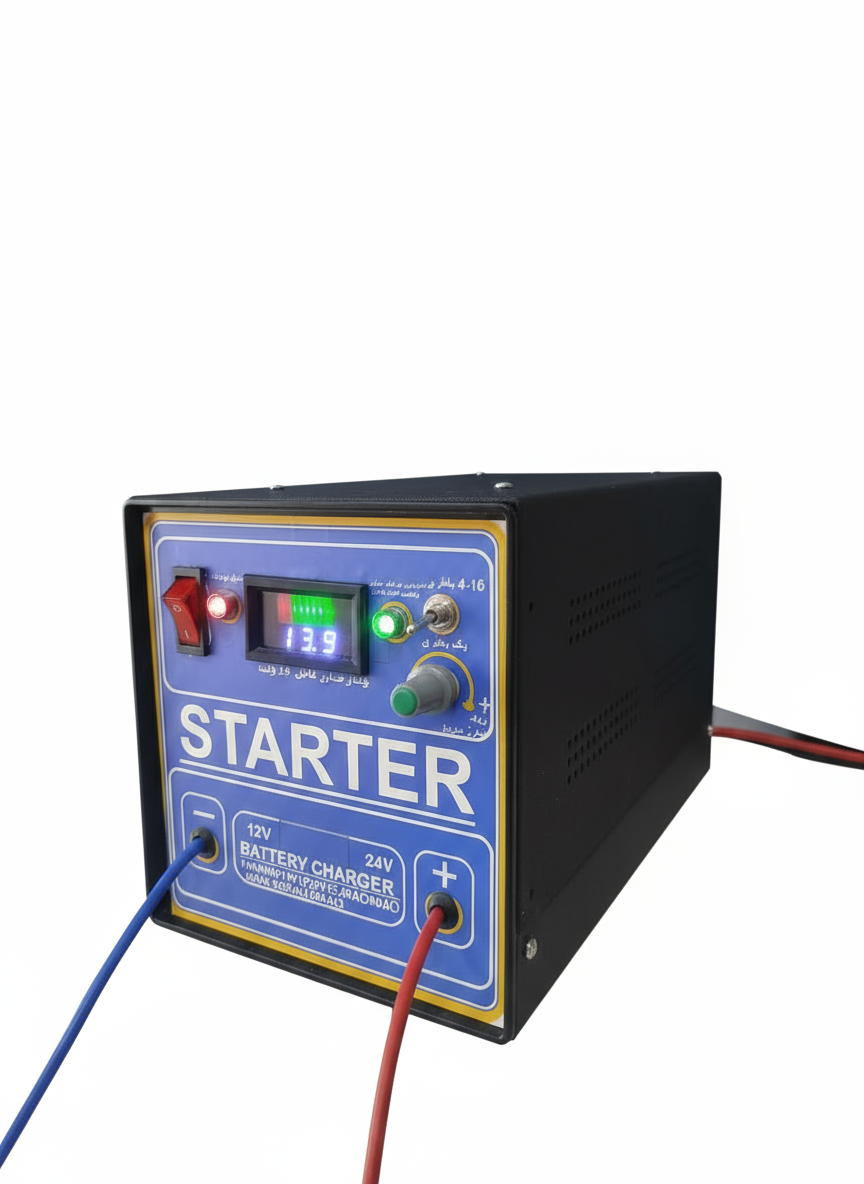 استارتر و شارژر باتری 12 ولت 80 آمپر(مناسب باطری 50 الی 800) 16 باتری همزمان کمک استارت سواری و دیزل
